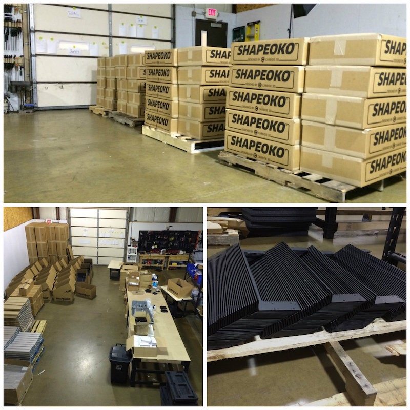 Piles of Shapeokos waiting for a pickup and lots of parts ready for packing in our Illinois shop.