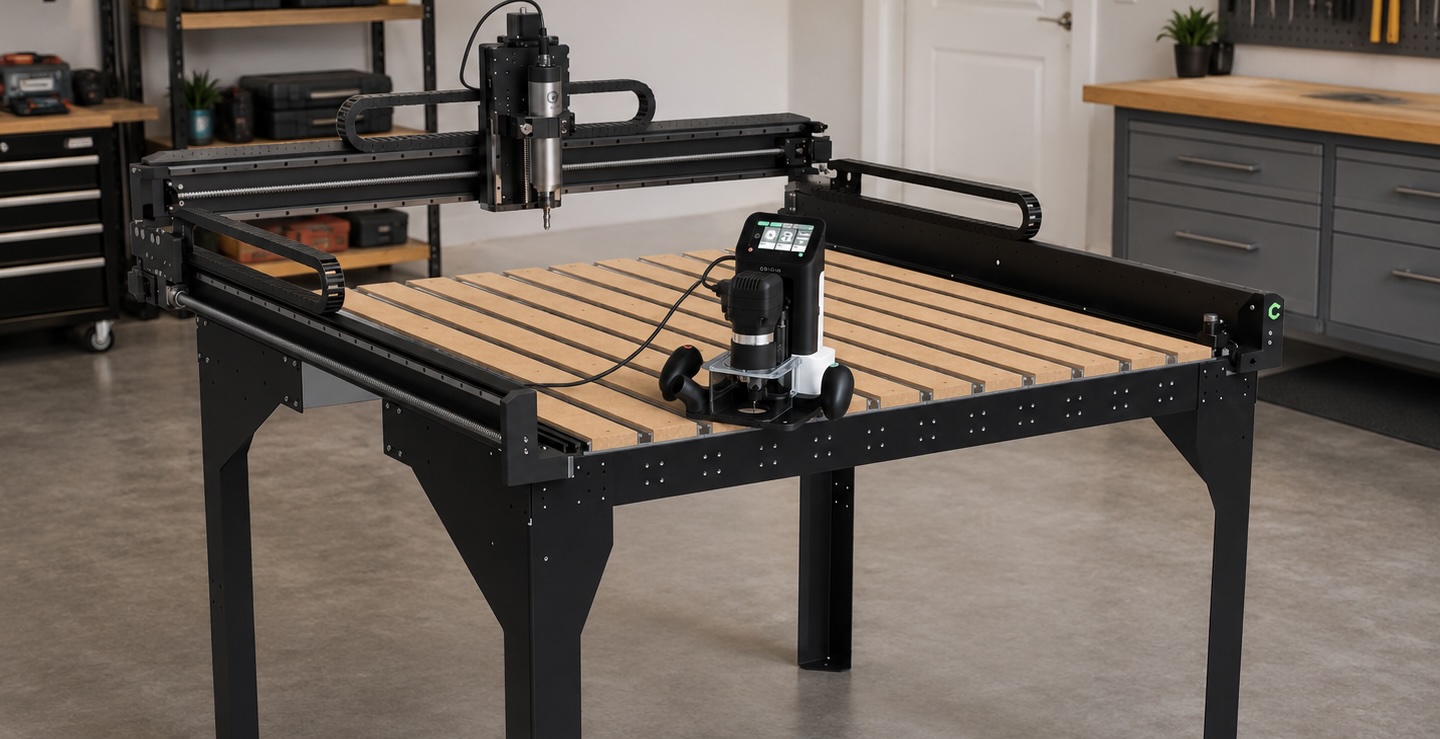 Shaper Origin and Shapeoko side by side on a shop bench